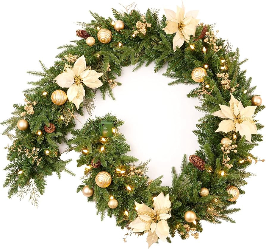 Pre-lit 9ft Christmas Garland with Gold Berries and Balls,Pine Cone,Golden Flower and 50 Battery ... | Amazon (US)
