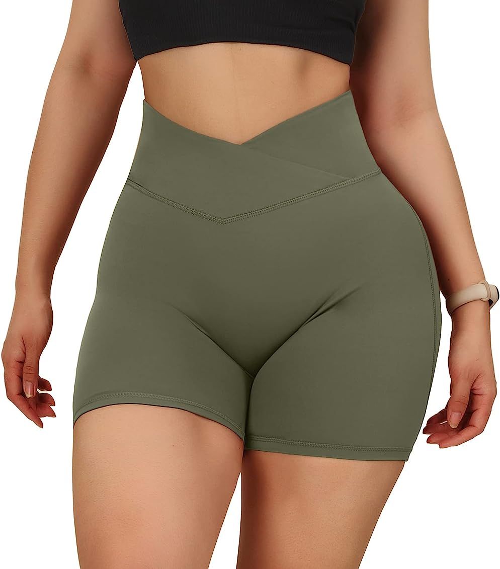 MOOSLOVER Women V Cross Waist Workout Shorts Butt Lifting High Waisted Biker Shorts | Amazon (US)