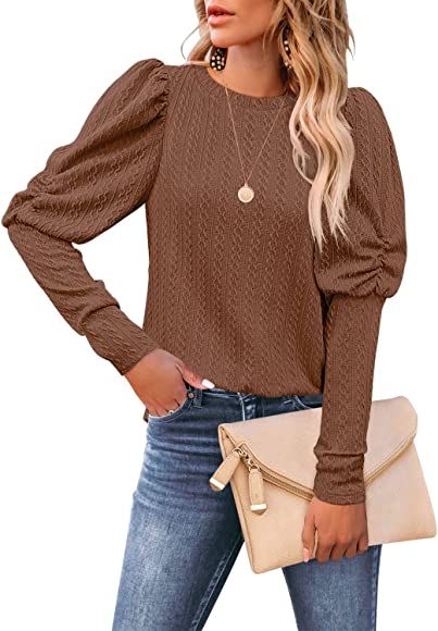 DOROSE Womens Puff Long Sleeve Crewneck Cable Knit Casual Loose Pullover Sweater Tops | Amazon (US)