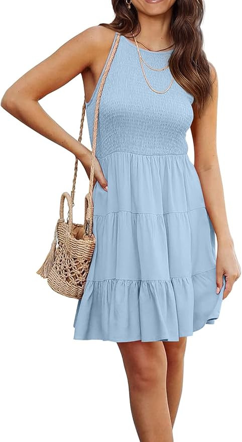 KIRUNDO 2023 Womens Casual Sleeveless Summer Dresses Smocked Tiered Ruffle A-Line Swing Mini Tank... | Amazon (US)