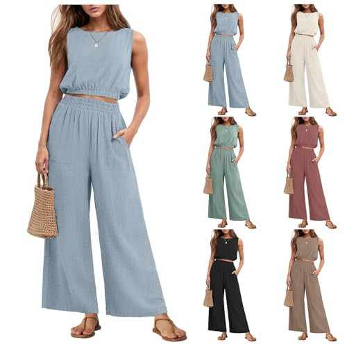 Toumov Womens Summer Outfits Casual 2 Piece Sets Cropped Sleeveless Tank Tops Wide Leg Pants Spring Matching Lounge Set | Amazon (US)