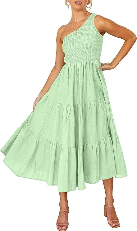 ANRABESS Women's 2024 Spring Bohemian One Shoulder Sleeveless Smocked Ruffle Tiered Beach Maxi Su... | Amazon (US)