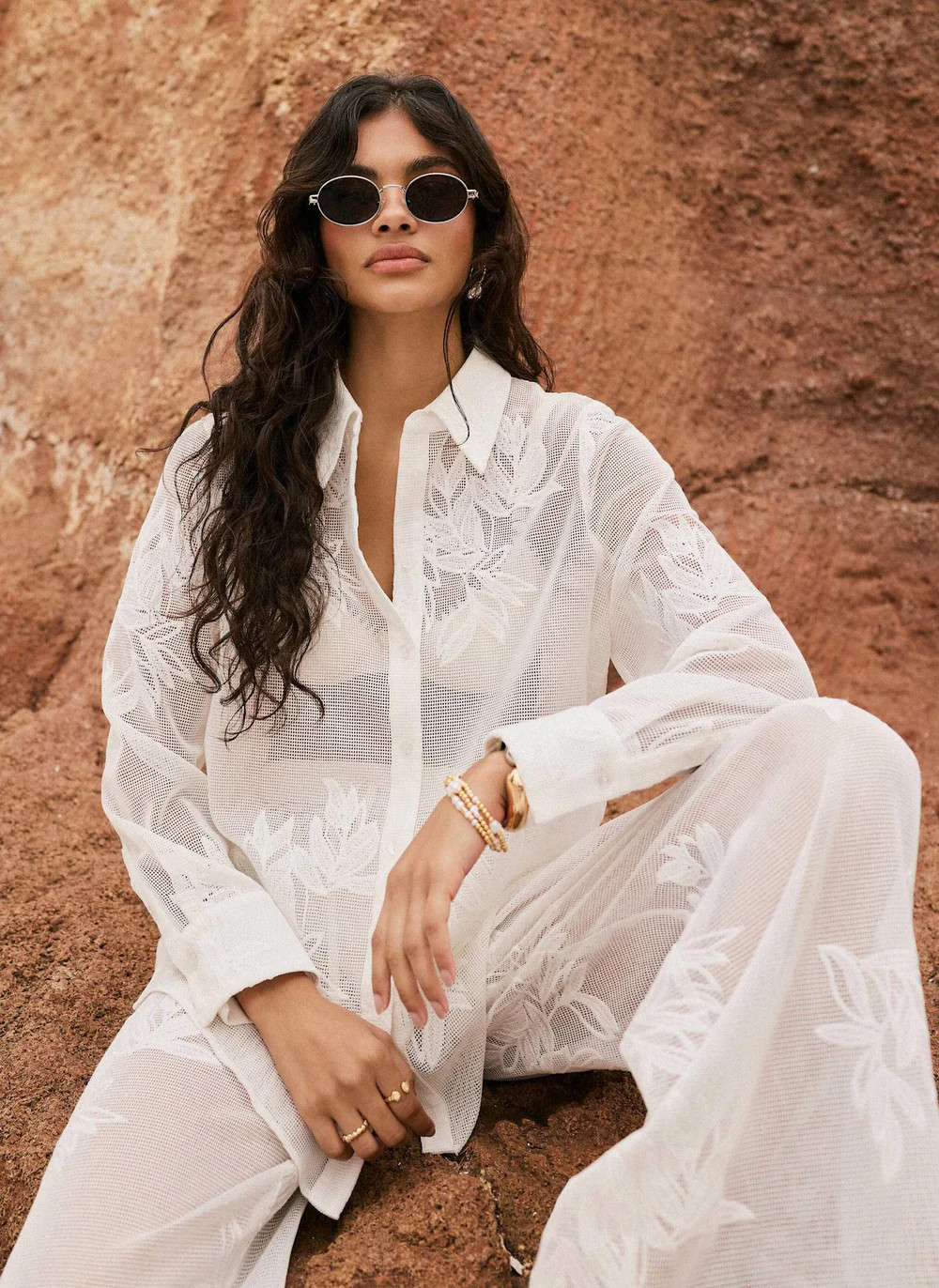 White Floral Detail Mesh Shirt | Mint Velvet
