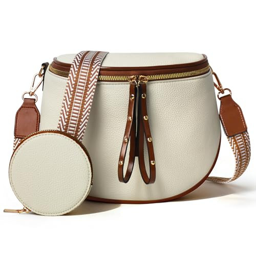 MOETYANG Crossbody Bags for Women Large Vegan Leather Bum Bag with Coin Purse (White Brown) | Amazon (US)
