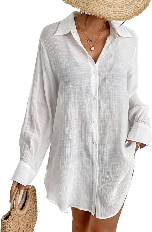 Eddoyee Women’s Button Down Shirts V-Neck Long Sleeve Bikini Bathing Suit Cover Up Plus Size Ca... | Amazon (US)