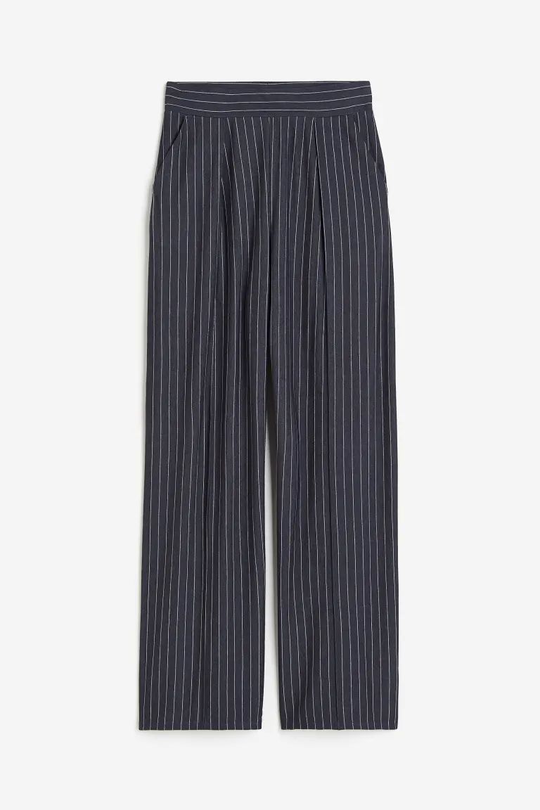 High-waisted tailored trousers - High waist - Long - Dark blue/Pinstriped - Ladies | H&M GB | H&M (UK, MY, IN, SG, PH, TW, HK)