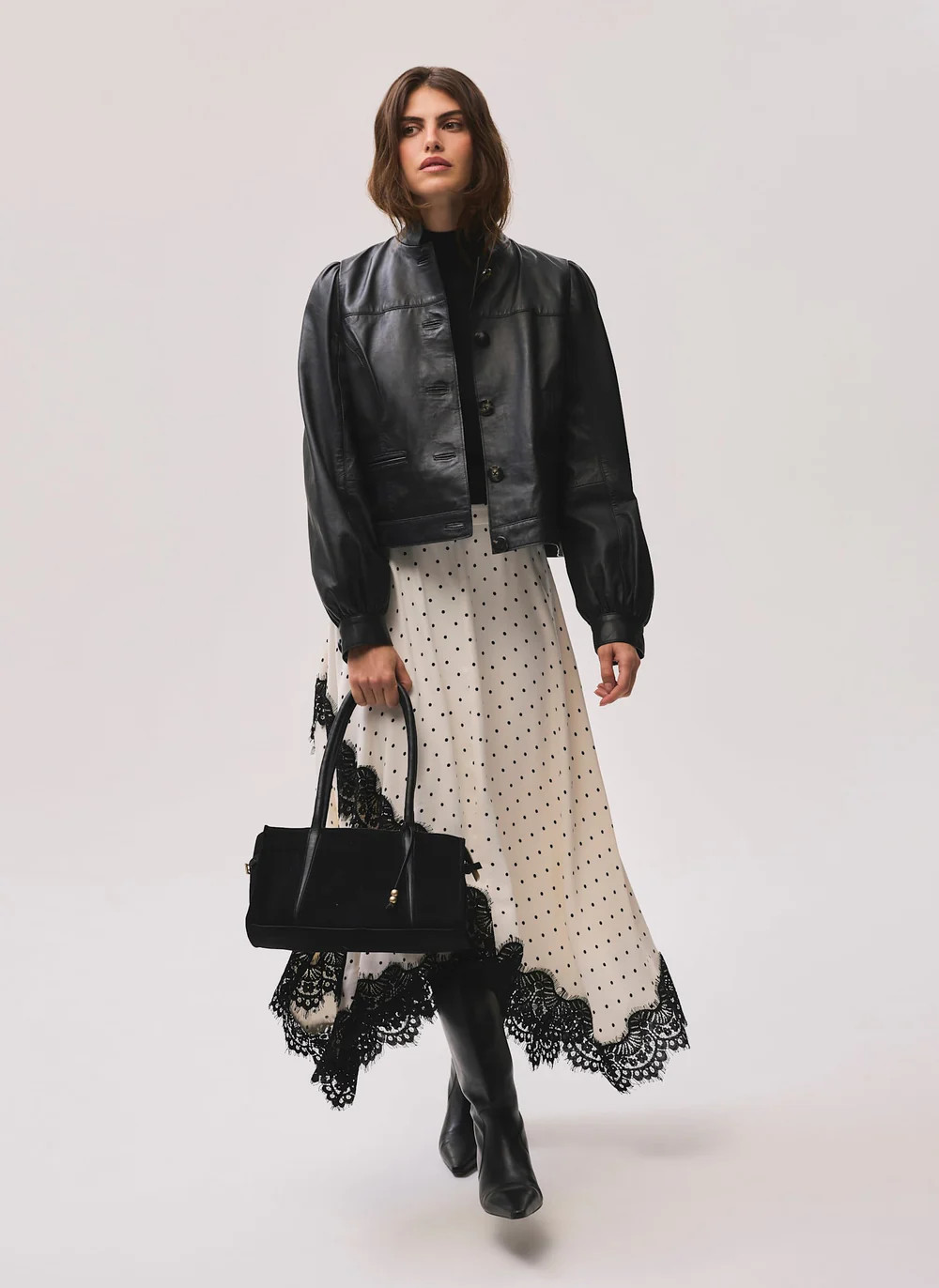 Cream Polka Dot Lace Trim Midi Skirt | Mint Velvet