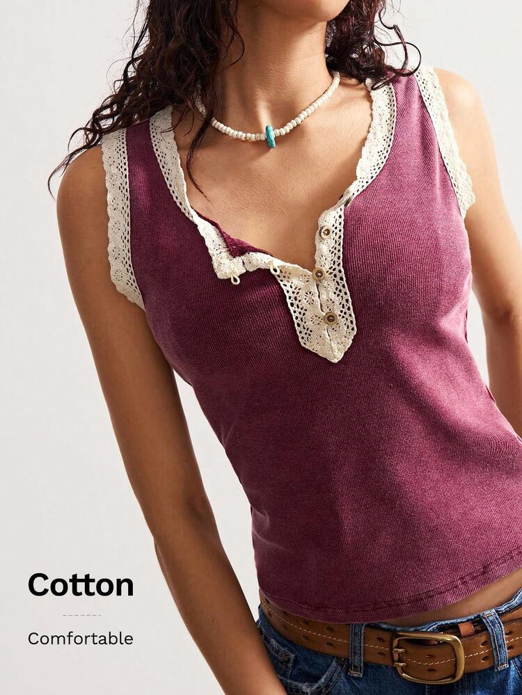 Bohemela Boho American Vintage Casual Resort Style Solid Color Lace Trim Knit Fitted Tank Top | SHEIN