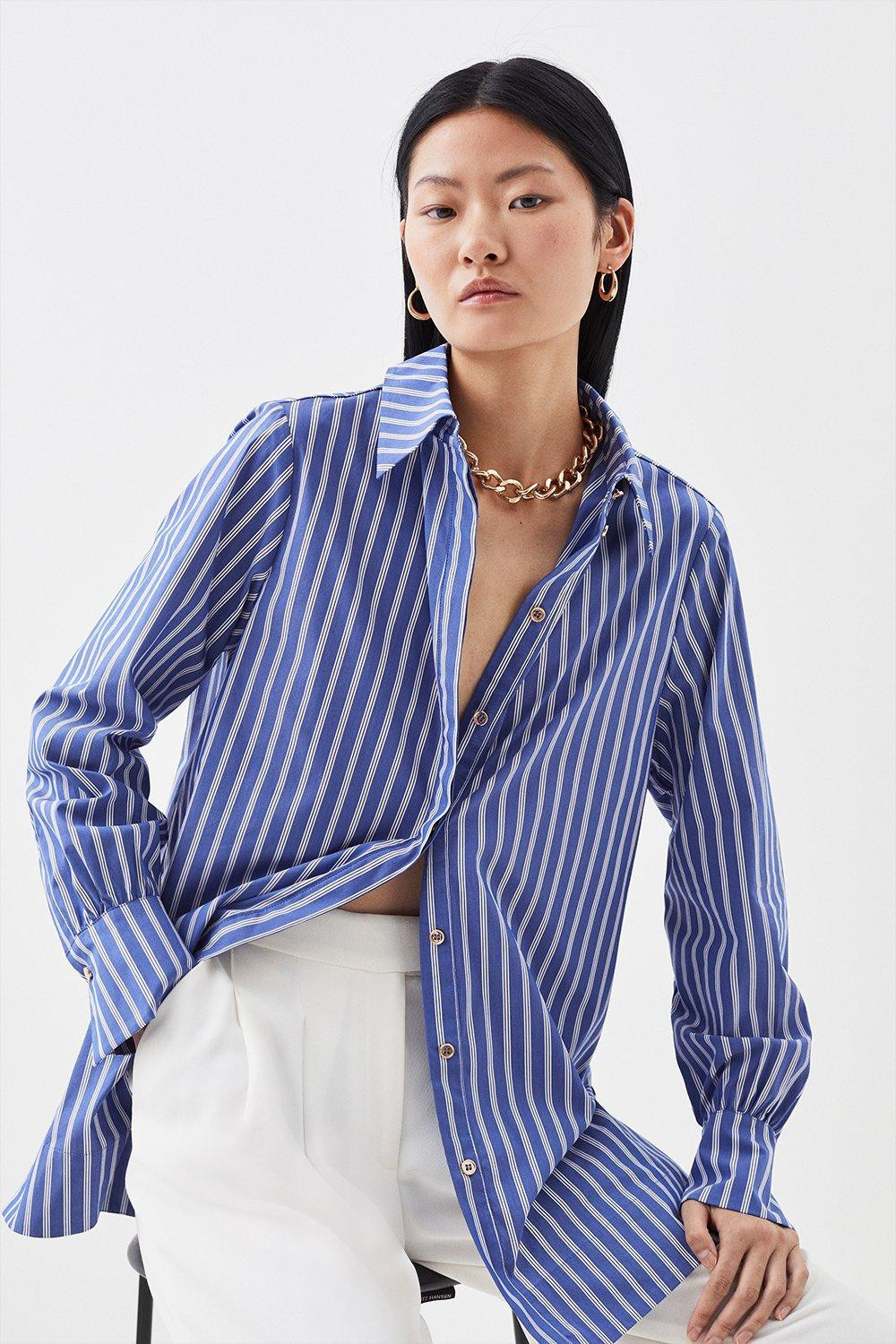 Cotton Poplin Button Sleeve Detail Woven Shirt | Karen Millen UK + IE + DE + NL