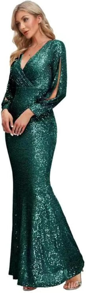 Upgrade Sequined Mermaid V Neck Long Slit Sleeve Prom Evening Dress Bridesmaid Party Dresses with... | Amazon (US)
