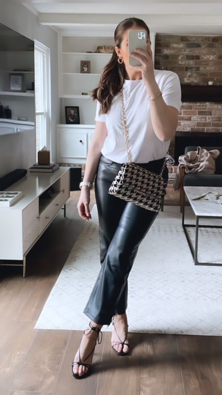 Faux leather pants | white tee | heels | date night outfit 

#LTKstyletip #LTKFind #LTKunder100