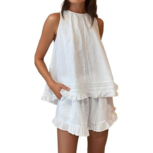 Mxiqqpltky Linen Pajamas Women Set Sleeveless Lace Trim Tank Top and Boxer Shorts Y2k Ruffle Matching Sets Lounge Beach Set(Pure white,Medium) | Amazon (US)