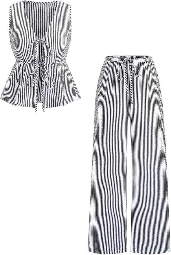 SweatyRocks Women's 2 Piece Outfits Striped Bow Tie Front Sleeveless Peplum Top and Pants Sets | Amazon (US)