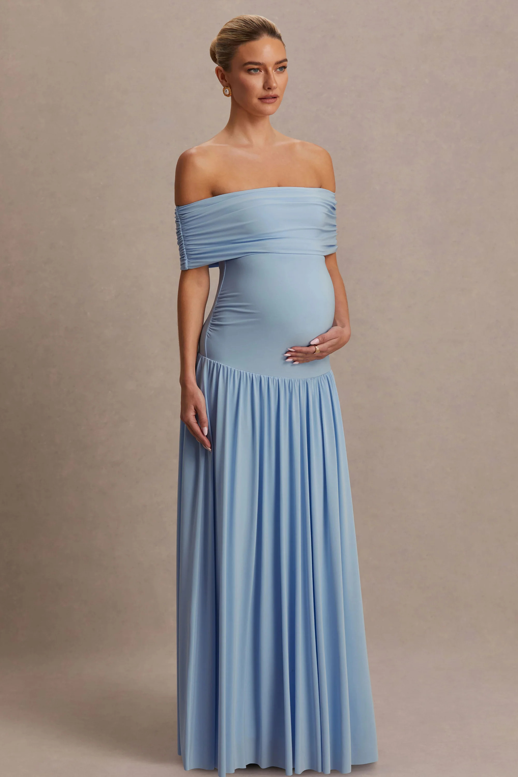 Juliette | Powder Blue Bardot-Neck Maternity Maxi Dress With Drop-Waist | Club L London