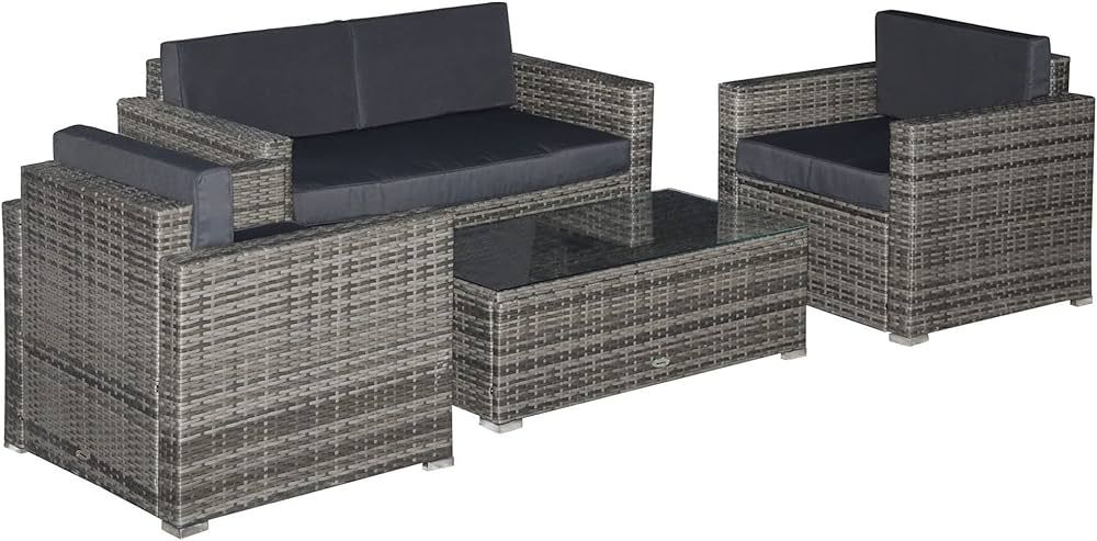 Outsunny 4 Piece Wicker Patio Furniture Set with Cushions, Outdoor Sectional Furniture with 2 Sof... | Amazon (US)