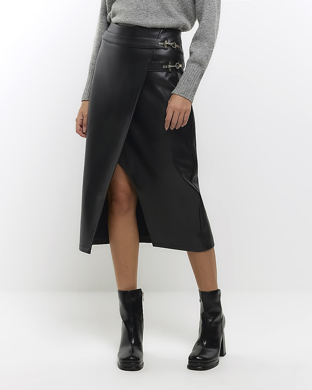 Black faux leather wrap midi skirt | River Island (UK & IE)