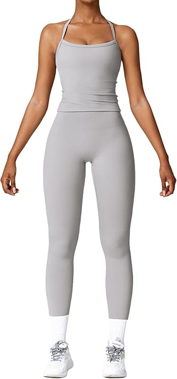 Womens Workout Sets Two Piece Cross Back Tank Top Matching High Waist Leggings Sets Gym Outfits W... | Amazon (US)