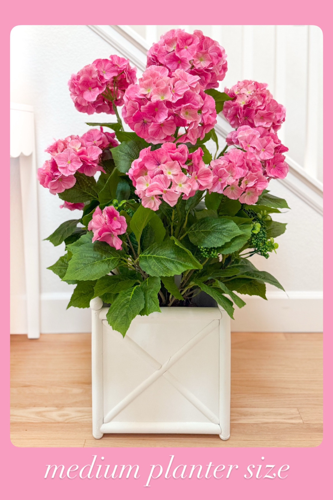 Medium white planter size with my favorite realistic indoor outdoor 3 ft tall faux hydrangea plant

#LTKHome #LTKSeasonal #LTKFindsUnder100