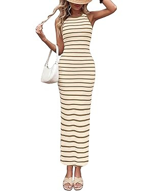 PRETTYGARDEN Sundresses for Women 2026 Summer Striped Knit Side Slit Spring Fashion Bodycon Maxi ... | Amazon (US)