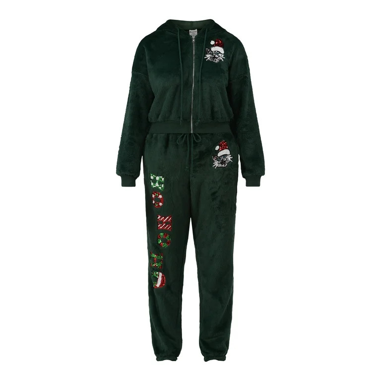No Boundaries Faux-Fur Christmas Track Suit, 2-Piece, Women's and Women's Plus | Walmart (US)