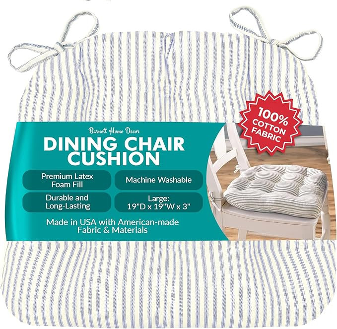 Barnett Home Decor Ticking Stripe Berlin Blue Dining Chair Pad with Ties - 19 x 19 Size Large Cha... | Amazon (US)