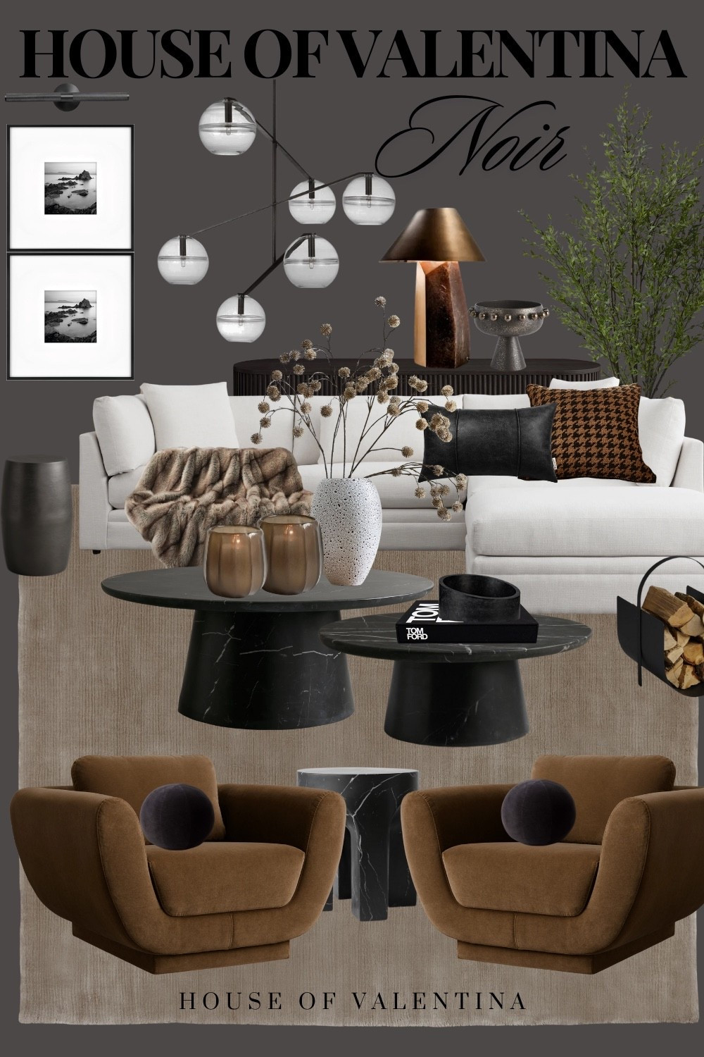 This mood board is pure drama in the best way possible — bold, moody, and oh-so-chic! I love how the deep charcoal backdrop and black marble tables set a sultry stage, while the crisp white sofa and warm caramel chairs bring balance and comfort. The textures are everything here: sleek leather, cozy throws, houndstooth, and sculptural accents that keep your eyes dancing around the space. Add in the glowing candles, striking lighting, and touches of greenery, and you’ve got a room that feels luxe, layered, and irresistibly cozy. It’s modern noir at its finest — sophisticated yet totally livable!


#LTKStyleTip #LTKSeasonal #LTKHome
