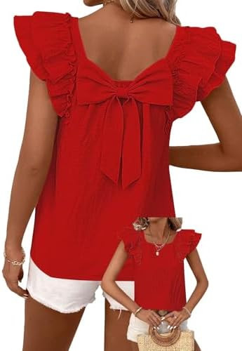 Falechay Womens Bow Tie Back Tops Round Neck Ruffle Short Sleeve Shirts Cute Babydoll Chiffon Tee... | Amazon (US)