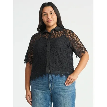 Time and Tru Women's Button Up Lace Blouse with Short Sleeves, Sizes XS-XXXL | Walmart (US)