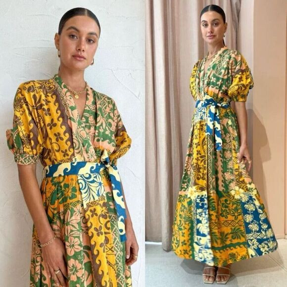 Alemais Linen Archie Floral Print Short Sleeve Wrap Maxi Dress Size 4 | Poshmark