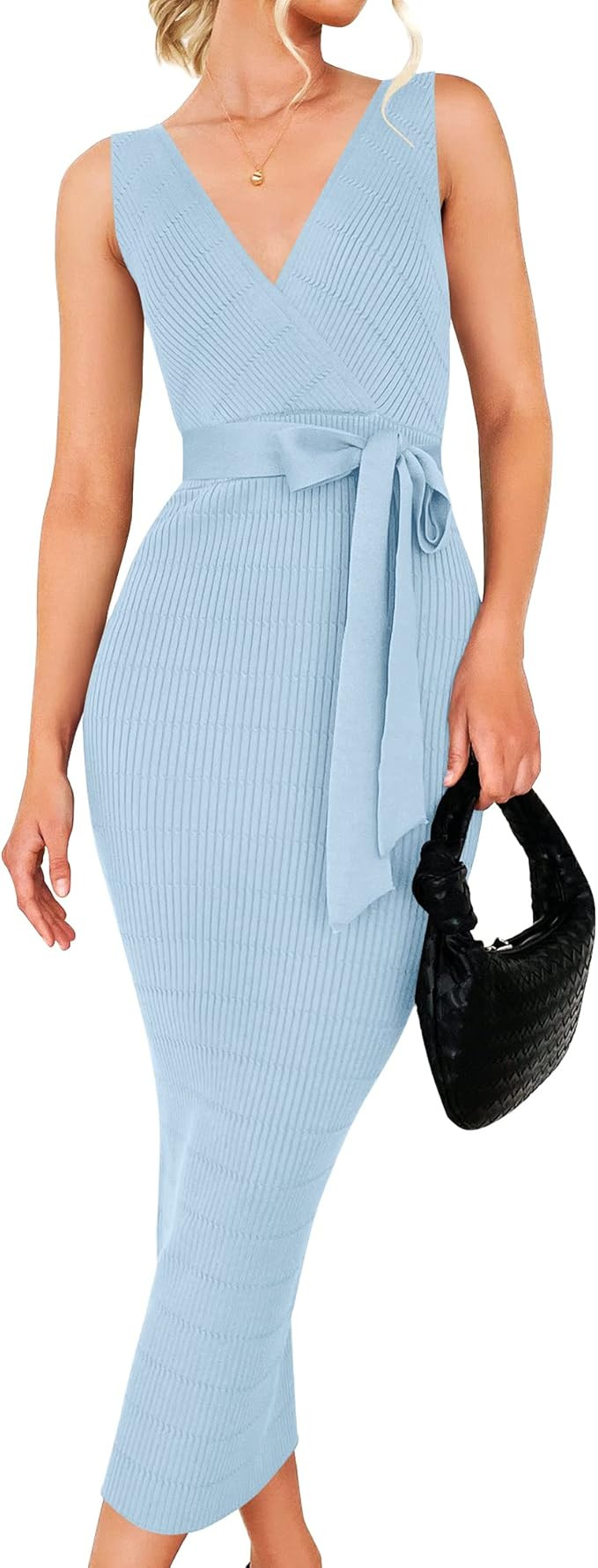 ZESICA Women's Summer Knitted Bodycon Midi Dress Elegant Wrap V Neck Sleeveless Tie Waist Sweater... | Amazon (US)