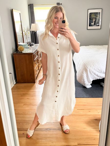 I will be pairing this button down shirt dress on repeat ALL summer! It’s SO comfy and such a cute style! Would also make a great beach coverup! Code JACQUELINE10 saves 10%. Wearing size small! 

#maxidress #shirtdress #buttondowndress #summerdress

#LTKsalealert #LTKSeasonal #LTKunder50