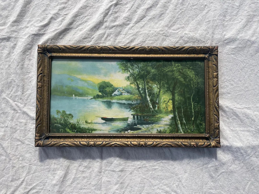 Antique Landscape With Gold Frame | Rustic Country Cottage Lake Landscape Art Print | the Olivine... | Etsy (US)