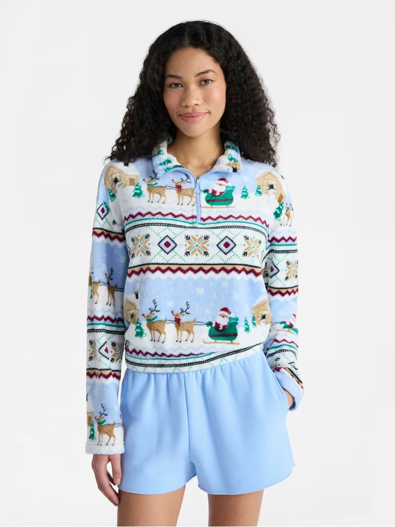 No Boundaries 1/4 Zip Mock Neck Plush Top with Long Sleeves, Women's | Walmart (US)