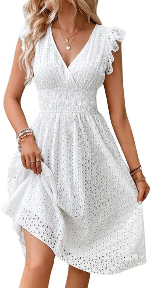 chouyatou Women's 2024 Eyelet Lace Embroidery Smocked Waist Party Dress Sexy Flutter Sleeve A Lin... | Amazon (US)