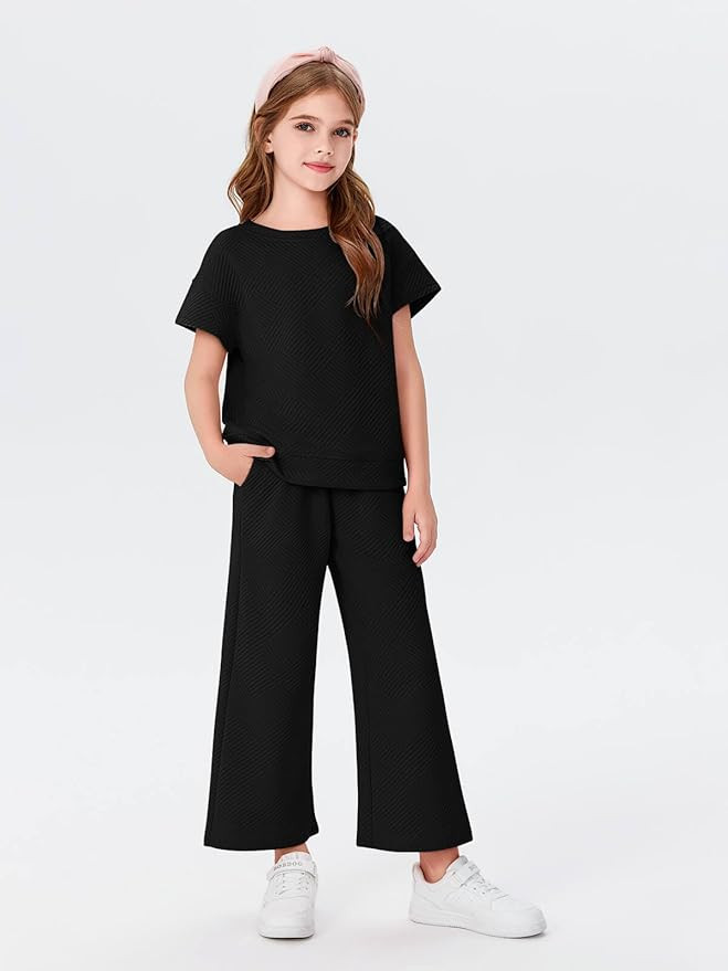 Haloumoning Girls' Clothing Sets Kids Fashion Short Sleeve Crew Neck Tops Wide Leg Pants Sweatsui... | Amazon (US)