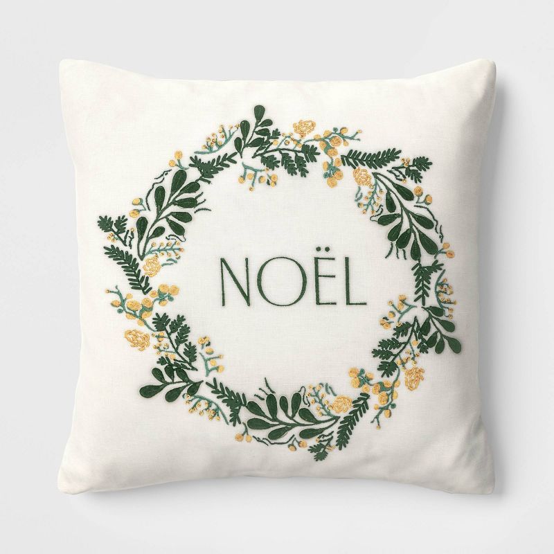 Embroidered &#39;Noel&#39; Wreath Square Christmas Throw Pillow Green/Natural - Threshold&#8482; | Target