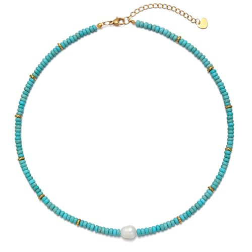JURYLOO Beaded Necklace for Women, Colorful Gemstone Freshwater Pearl Choker Necklace 14K Gold Natural Stone Handmade Jewelry - Turquoise | Amazon (US)