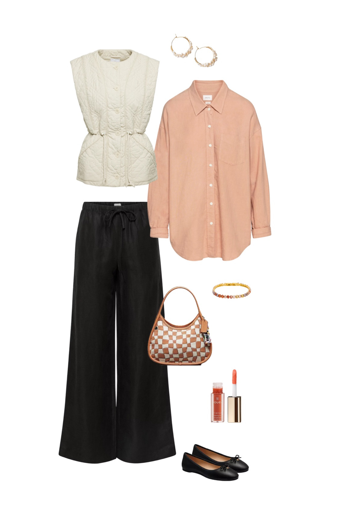 Copenhagen chic with this fun and feminine ensemble! Picture a peachy button-down shirt paired with breezy linen pants and a textured girly vest for effortless charm. Add a pop of orange with a checkered bag and complete the look with chic ballet flats for a laid-back daytime vibe. Don't forget the gold jewelry accented with pops of spring elements and a peachy lip tint to tie it all together!

#LTKSeasonal #LTKtravel #LTKeurope