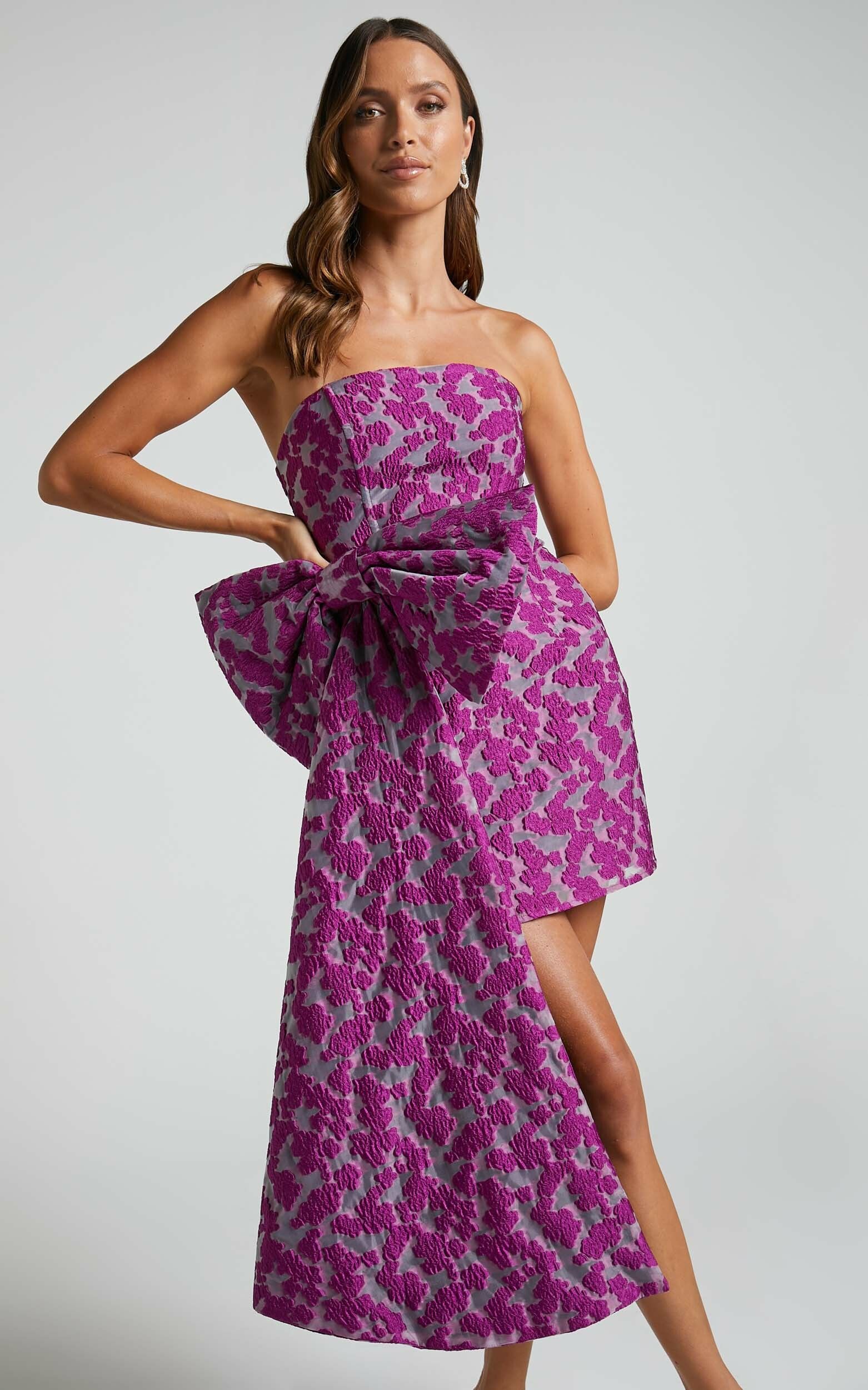 Brailey Mae Mini Dress - Side Bow Strapless Dress in Purple Jacquard | Showpo (US, UK & Europe)