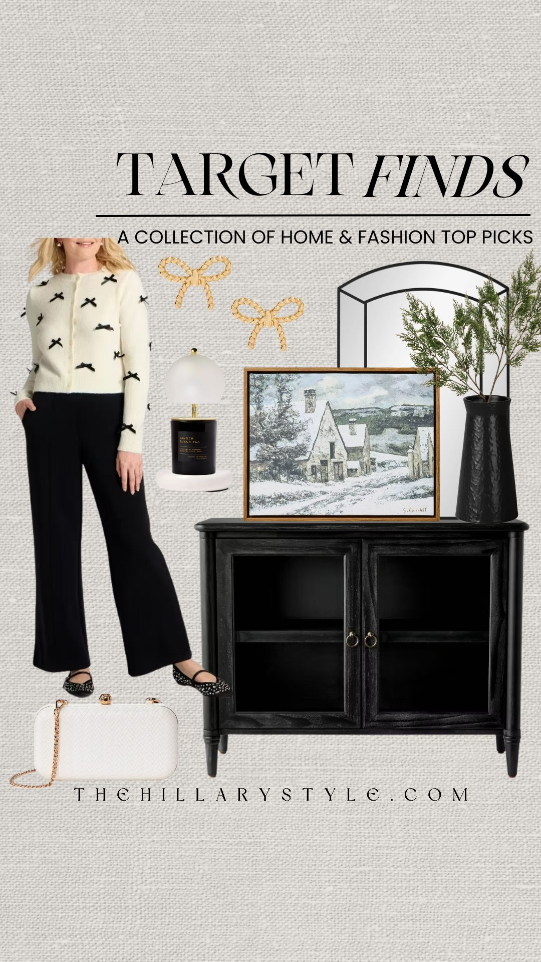 
Target Winter Chic: Black, White, & Bows 🎀
Embrace the ultimate monochrome winter style with these chic and affordable Target finds! This look is all about sophistication and texture for the colder months. Get cozy in the cardigan with a playful bow print (a nod to the trending 'coquette' aesthetic and classic polka dots) and pair it with effortless wide-leg black trousers. On the home front, the dark wood cabinet and winter landscape art perfectly capture the current moody, textured decor trend, while the arched mirror and black vase add that modern touch we're loving for 2025. Shop these timeless pieces to elevate your winter wardrobe and home. Everything is linked!

#TargetStyle #TargetFinds #WinterFashion #MonochromeStyle #HomeDecor #CozyChic #TheHillaryS 

   

#LTKSeasonal #LTKHoliday #LTKHoliday #LTKSeasonal #LTKHome