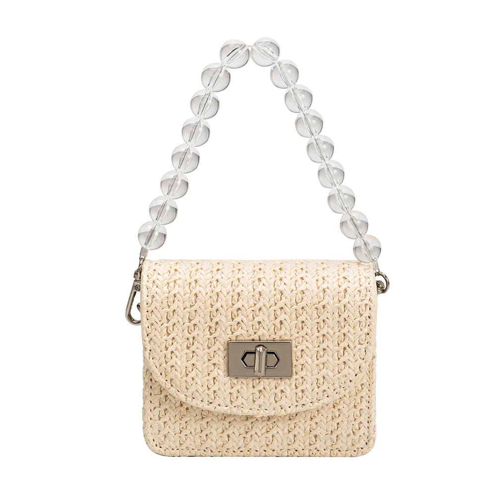Cream Krystal Mini Straw Top Handle Bag | Melie Bianco | Melie Bianco