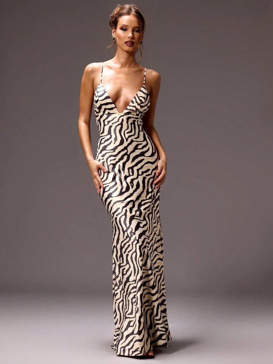 SHEIN X Scheana MUSERA Zebra Striped Print Backless Sexy Maxi Dress Spring Summer Vacation Weddin... | SHEIN