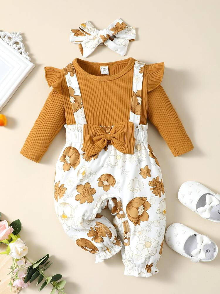 Baby Floral Print Ruffle Trim Bow Front Jumpsuit & Headband | SHEIN