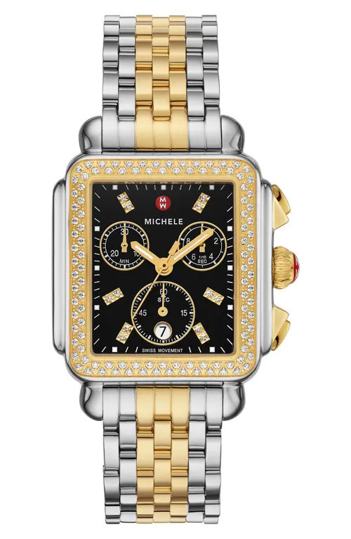 MICHELE Deco Diamond Chronograph Bracelet Watch, 35mm in Black at Nordstrom | Nordstrom