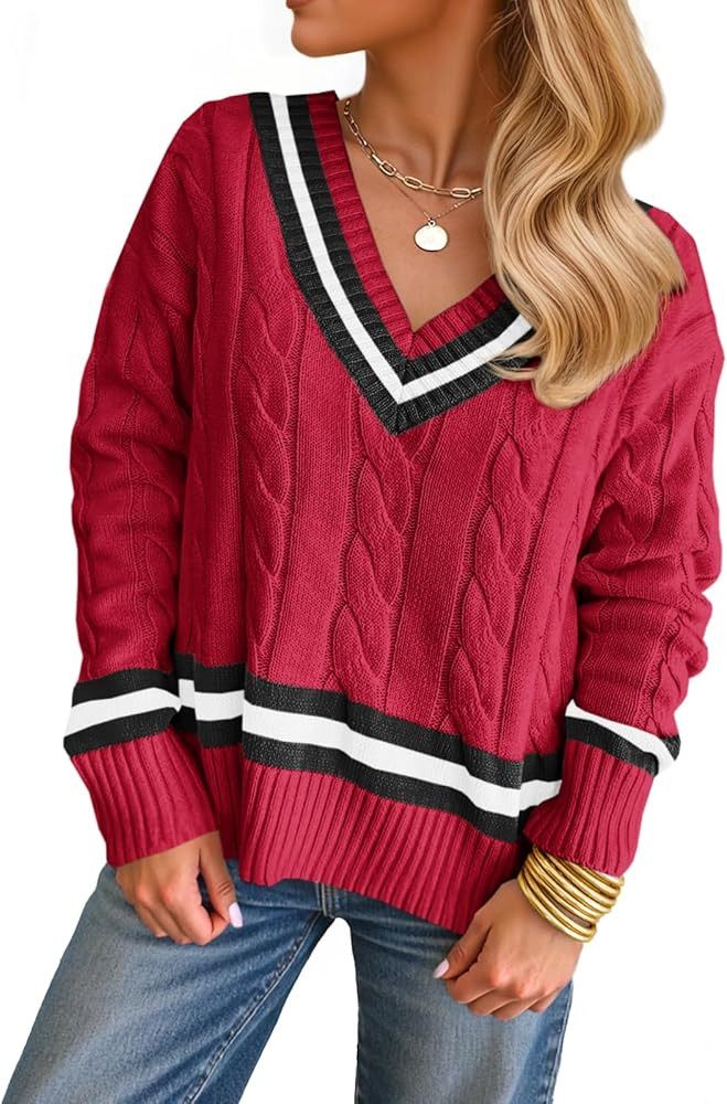 Saodimallsu Womens V Neck Cable Knit Sweaters Long Sleeve Color Block Preppy Sweater Fall Loose C... | Amazon (US)