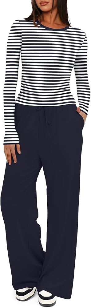 Darong Women's 2 Piece Lounge Sets 2026 Long Sleeve Tops and Wide Leg Pants Set Matching Travel A... | Amazon (US)