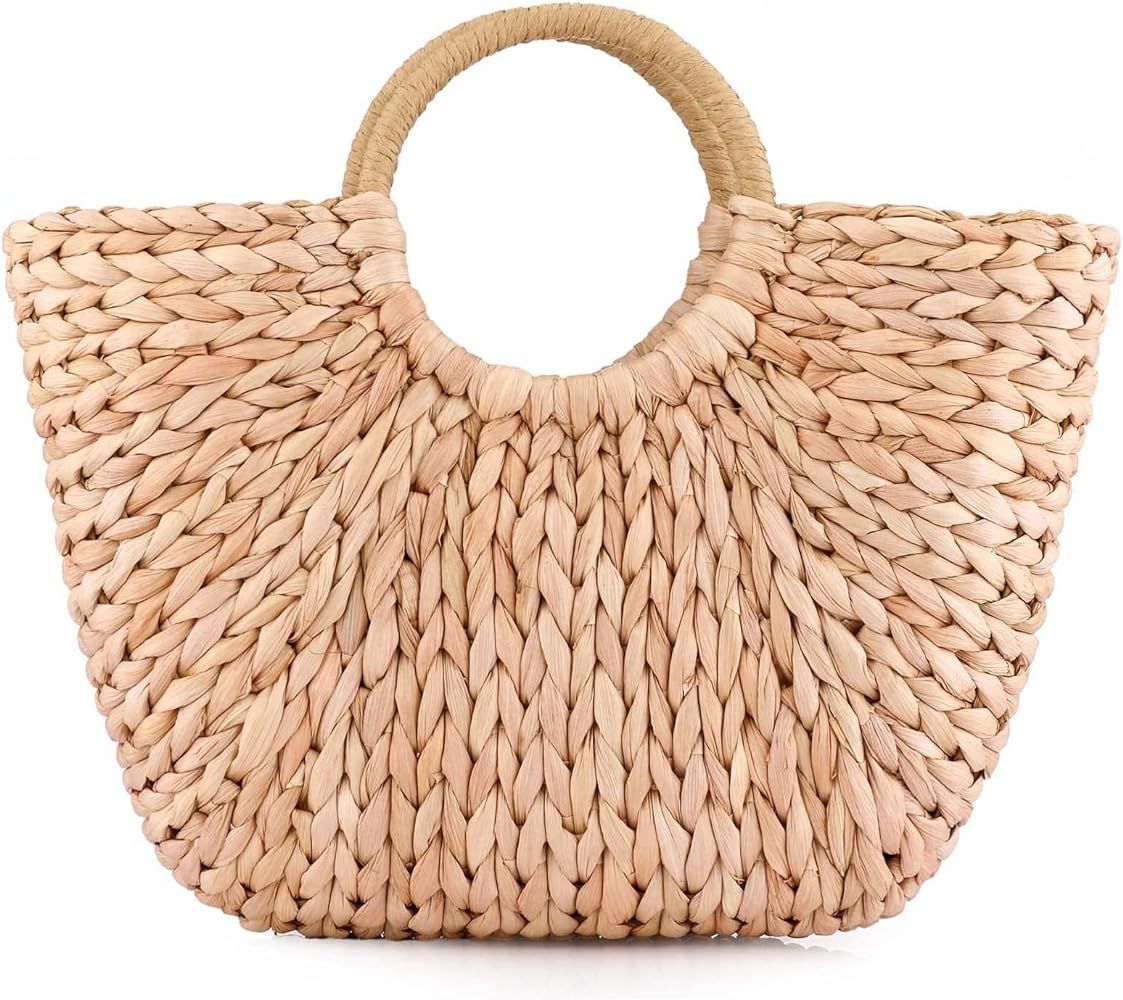 EROUGE Natural Chic Straw Bag Hand Woven Round Handle Handbags Retro Summer Beach Bag Beach Bag(B... | Amazon (US)