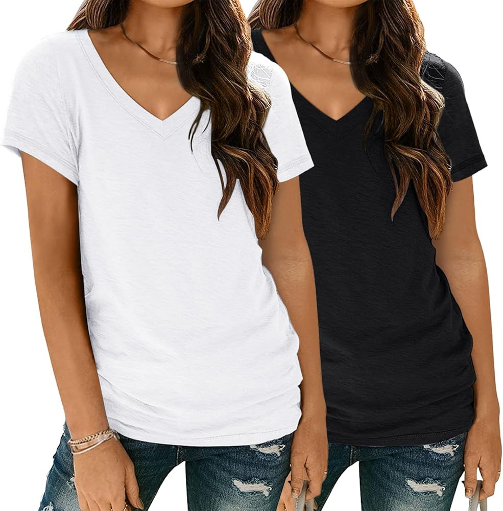 Womens 2 Pack T Shirts Basic Short Sleeve Tees V Neck Fashion Tops Loose Fit Lightweight Casual S... | Amazon (US)