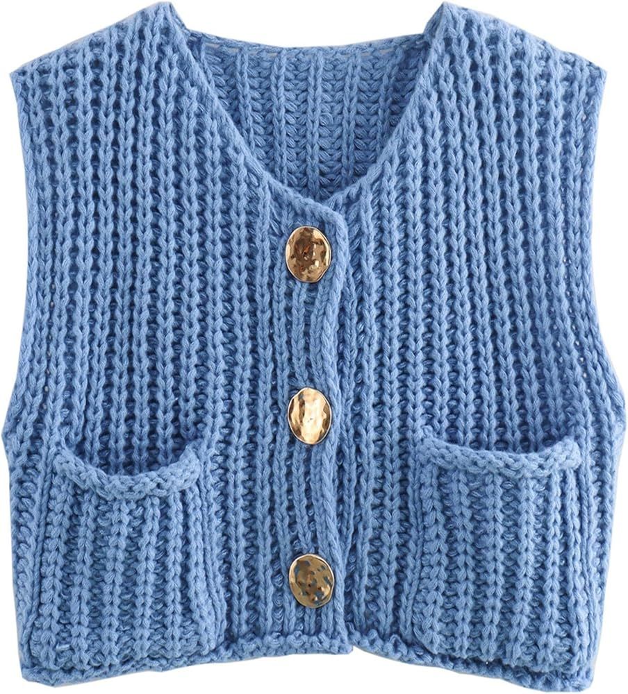 Bozanly Womens Chunky Knit Sweater Vest Cute Button Down Sleeveless Crop Crochet Cardigan Vest 20... | Amazon (US)