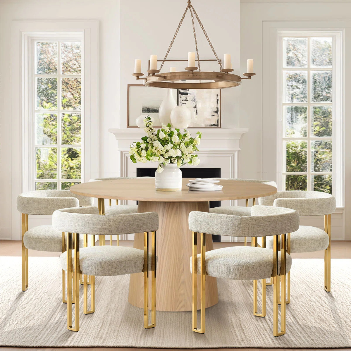 Bingham 6 - Person Dining Table Sets With 52'' Round Table & 6 Upholstered Chenille Gold Chairs | Wayfair North America